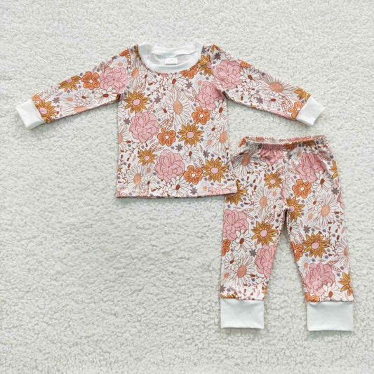 GLP0572 Pink Floral Girls Long Sleeve Pants Outfits Pajamas