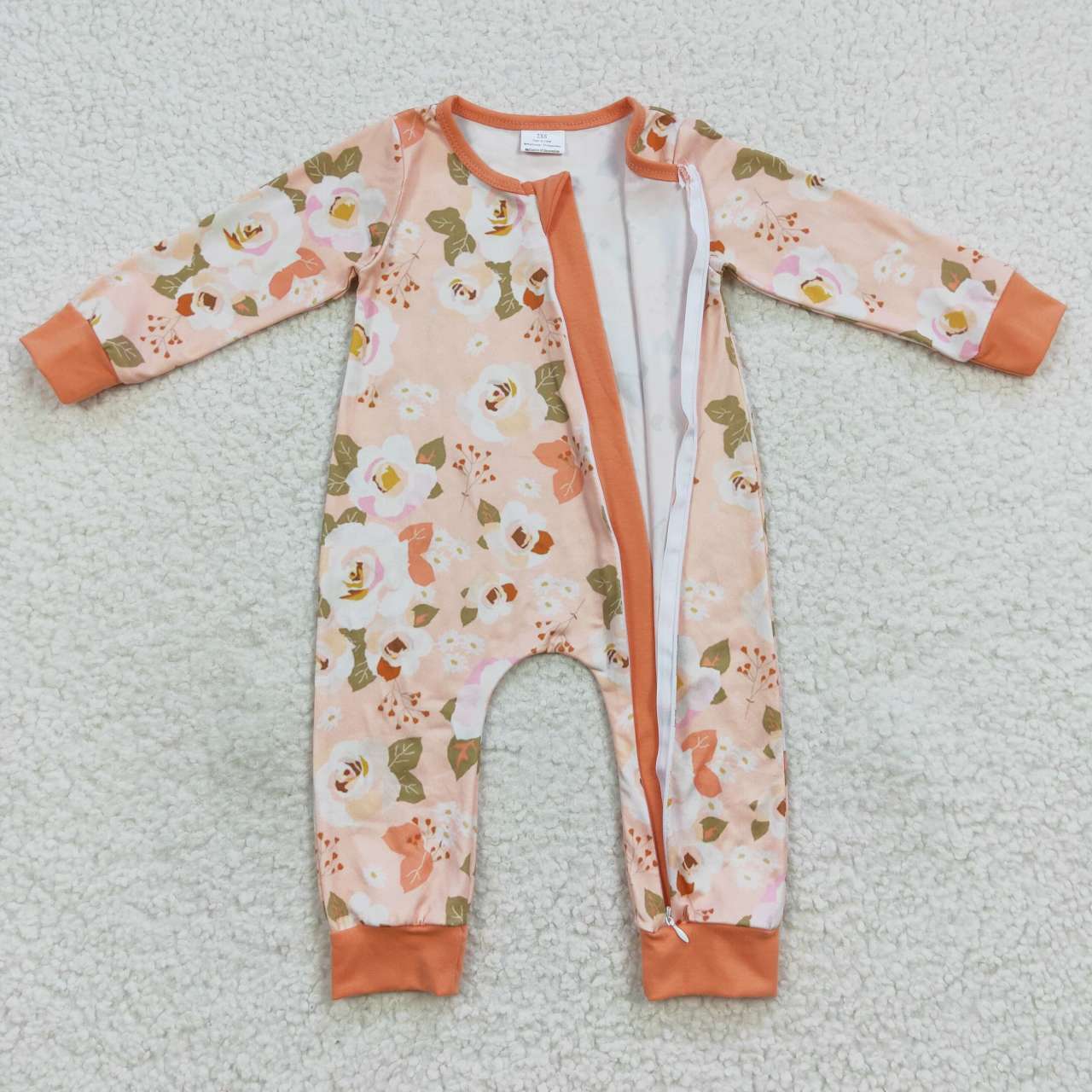 LR0476 Orange Floral Print Zipper Girls Long Sleeve Romper