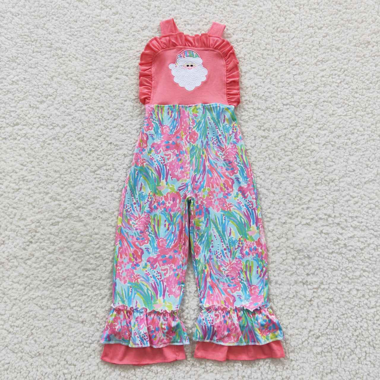 SR0404  Christmas Pink Blue Santa Cartoon Embroidery Girls Short Sleeve Jumpsuit Overall Pants