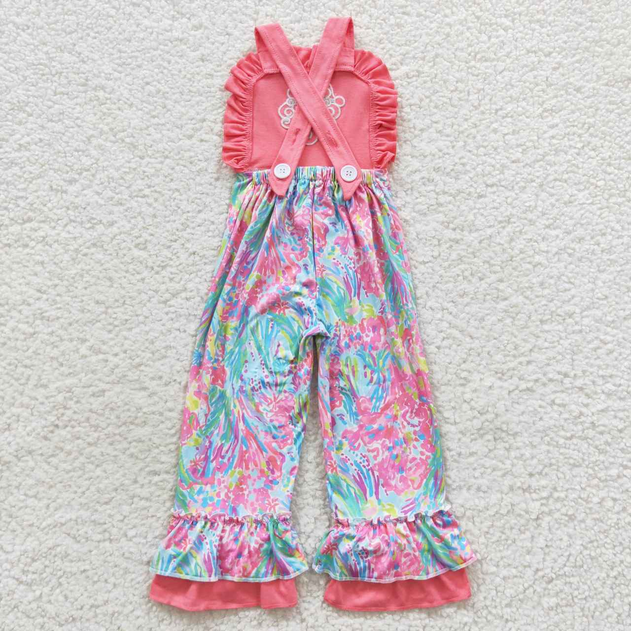 SR0404  Christmas Pink Blue Santa Cartoon Embroidery Girls Short Sleeve Jumpsuit Overall Pants