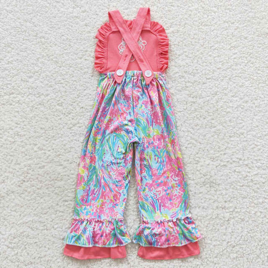 SR0404  Christmas Pink Blue Santa Cartoon Embroidery Girls Short Sleeve Jumpsuit Overall Pants