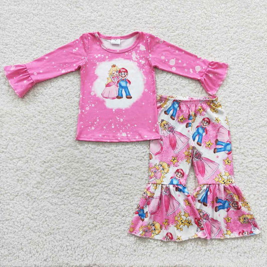 GLP0583 Pink Blue Princess Cartoon Girls Long Sleeve Bell Bottom Pants Outfits