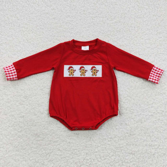 LR0394 Christmas Gingerbread Red Embroidery Girls Long Sleeve Romper