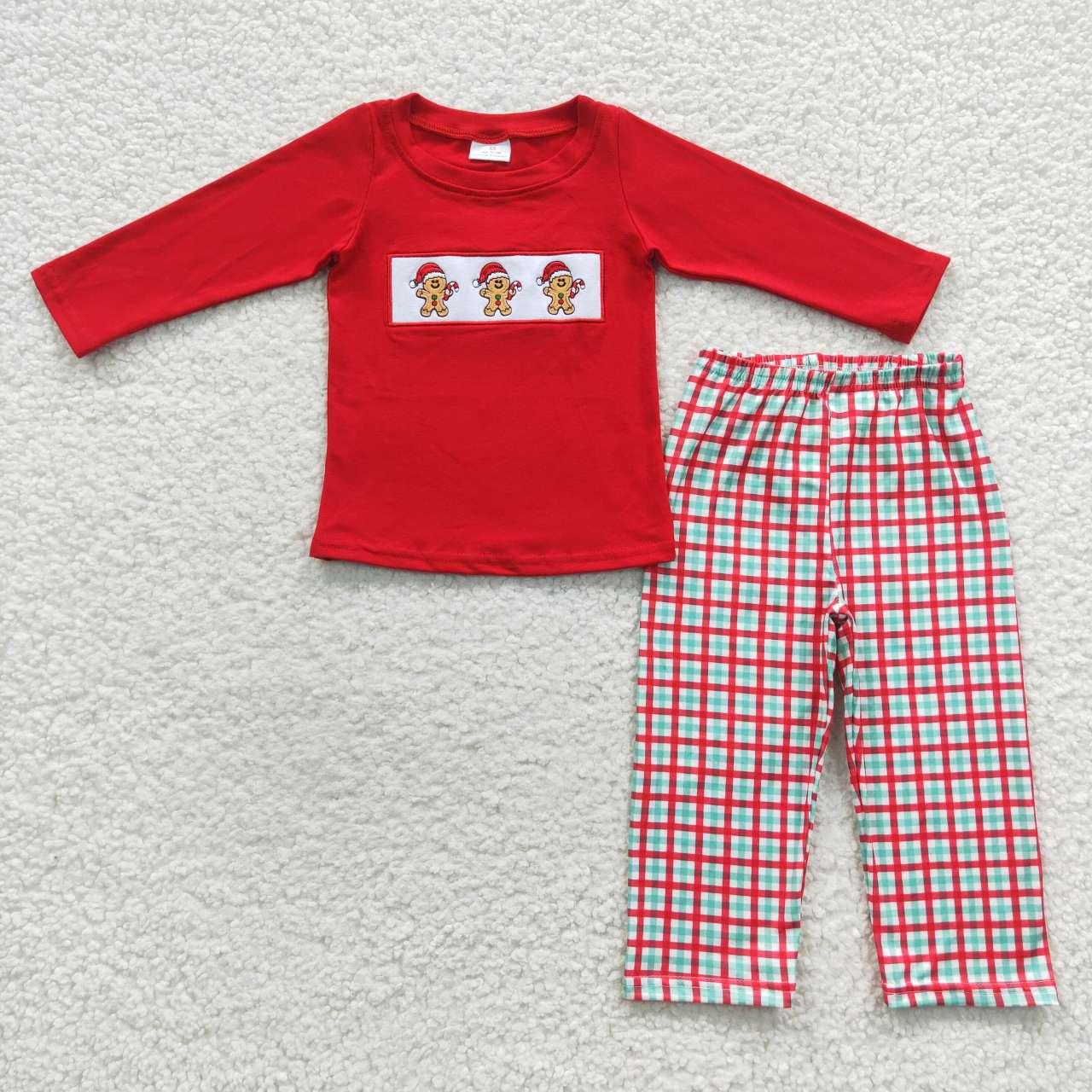 BLP0202 Christmas Gingerbread Red Embroidery Boys Long Sleeve Pants Outfits