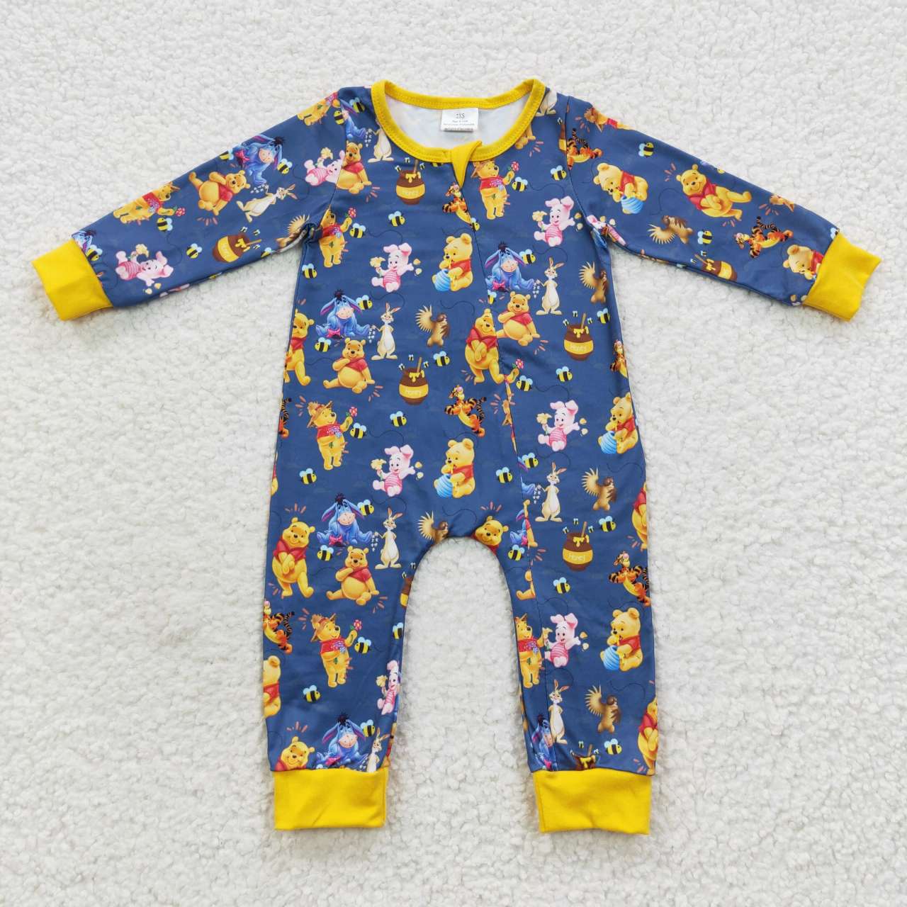 LR0347  Yellow Blue Bear Pig Cartoon Zipper Girls Long Sleeve Romper