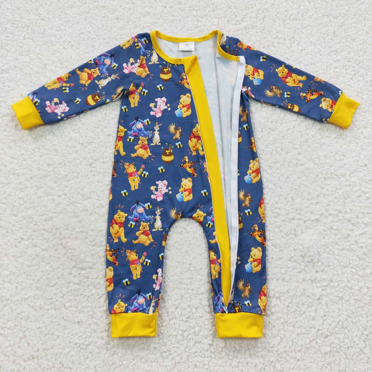 LR0347  Yellow Blue Bear Pig Cartoon Zipper Girls Long Sleeve Romper