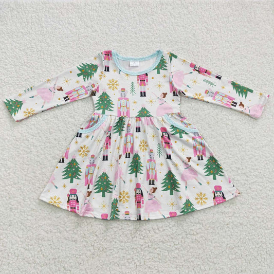 GLD0245 Christmas Pink Green Tree Girls Long Sleeve Dresses