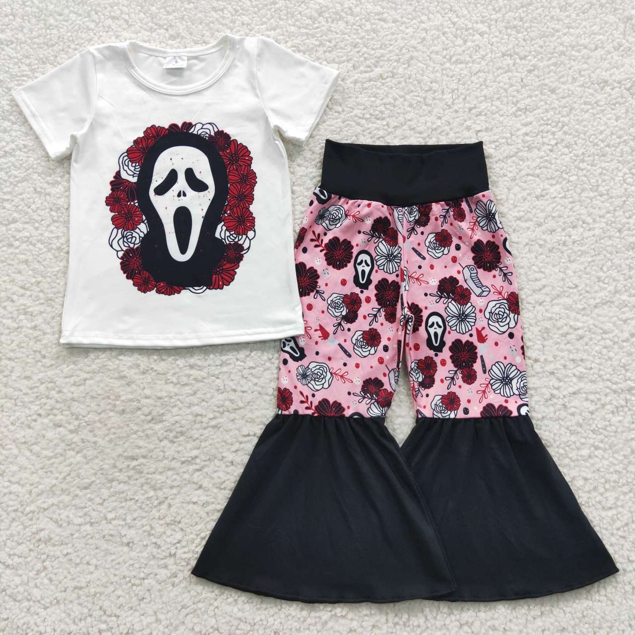 GSPO0710 Halloween Black Red Ghost Floral Girls Short Sleeve Pants Outfits