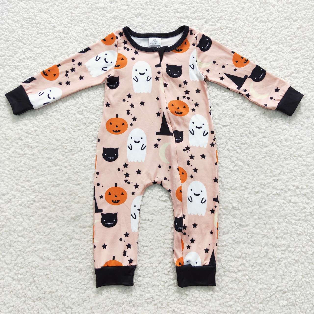 LR0474 Halloween Pumpkin Pink Ghost Zipper Girls Long Sleeve Romper