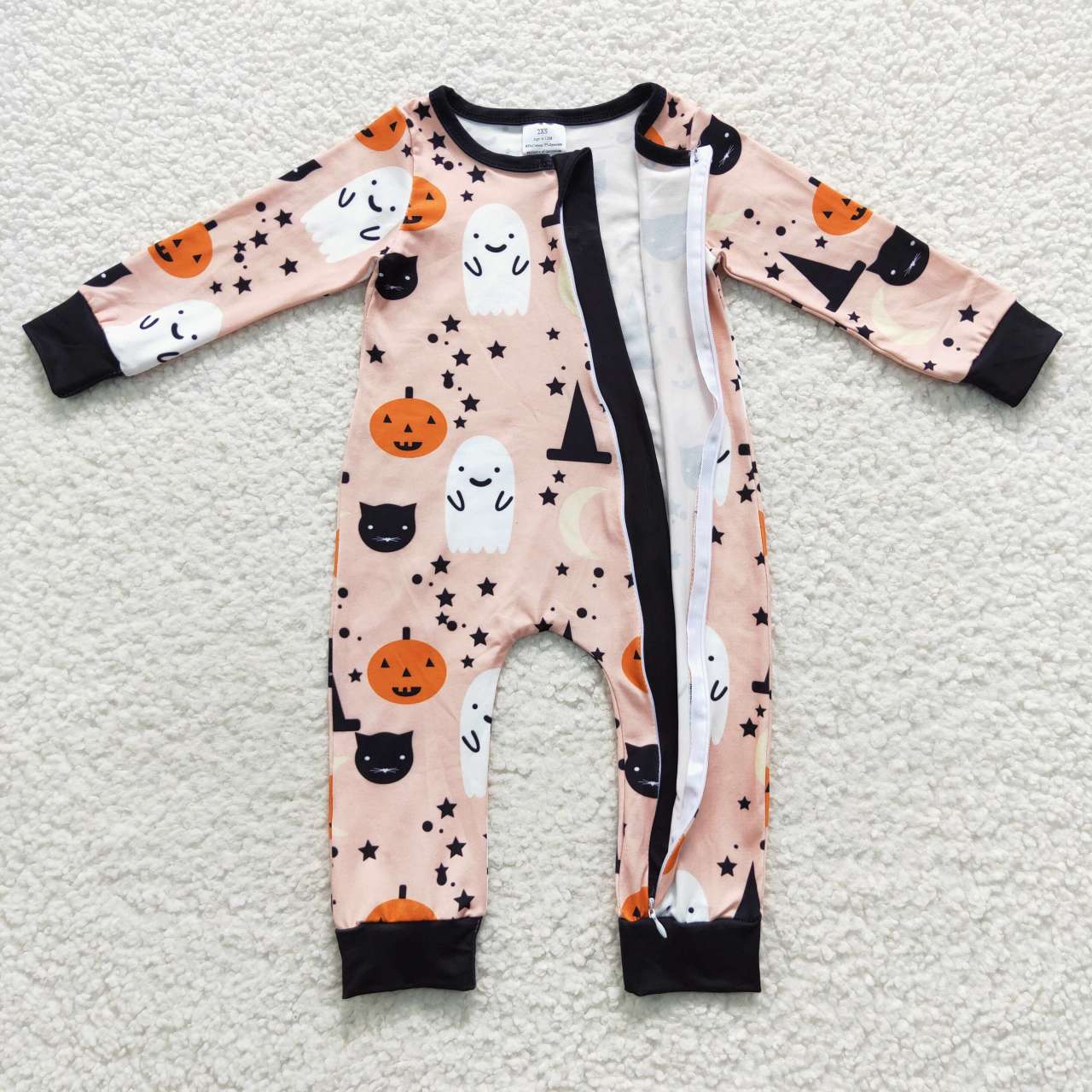 LR0474 Halloween Pumpkin Pink Ghost Zipper Girls Long Sleeve Romper