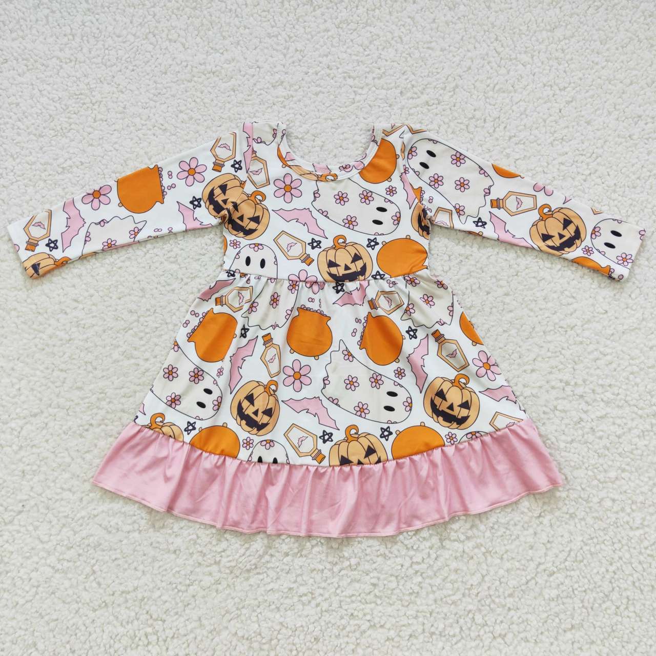 GLD0244 Halloween Pumpkin Pink Girls Long Sleeve Dresses