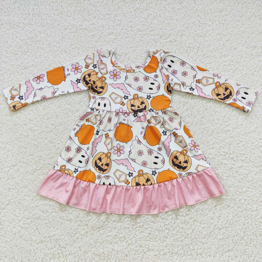 GLD0244 Halloween Pumpkin Pink Girls Long Sleeve Dresses