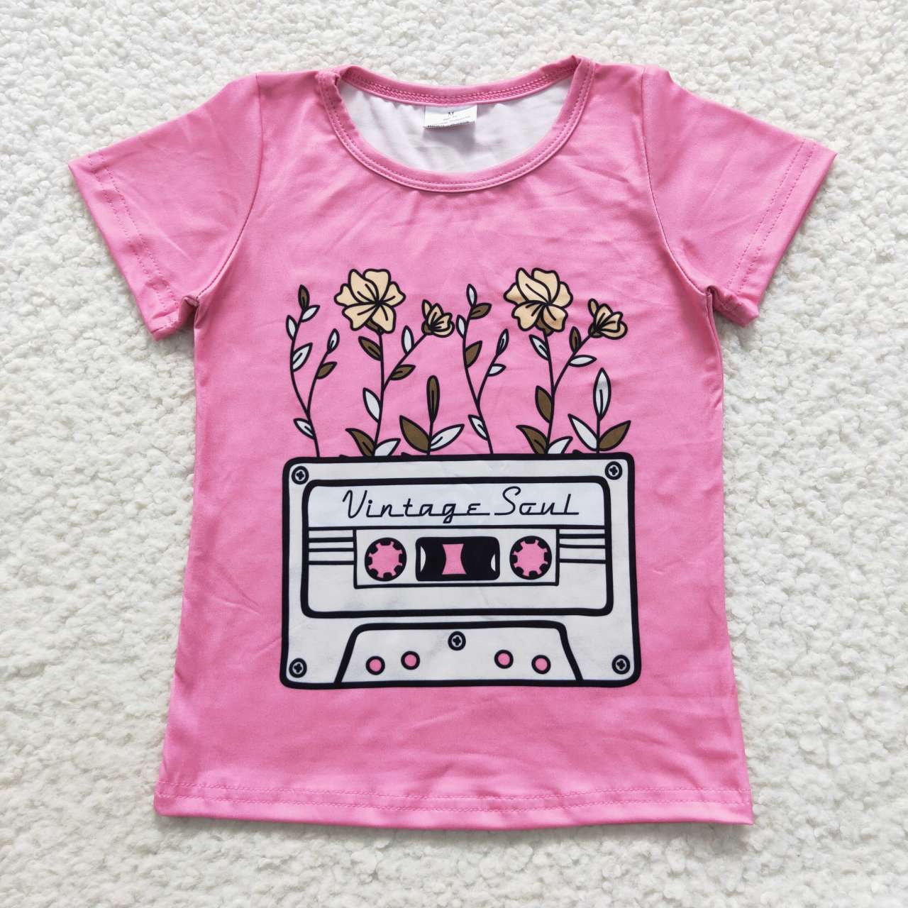 GT0226 Pink Vintage Soul Floral Girls Short Sleeve Top T-shirts