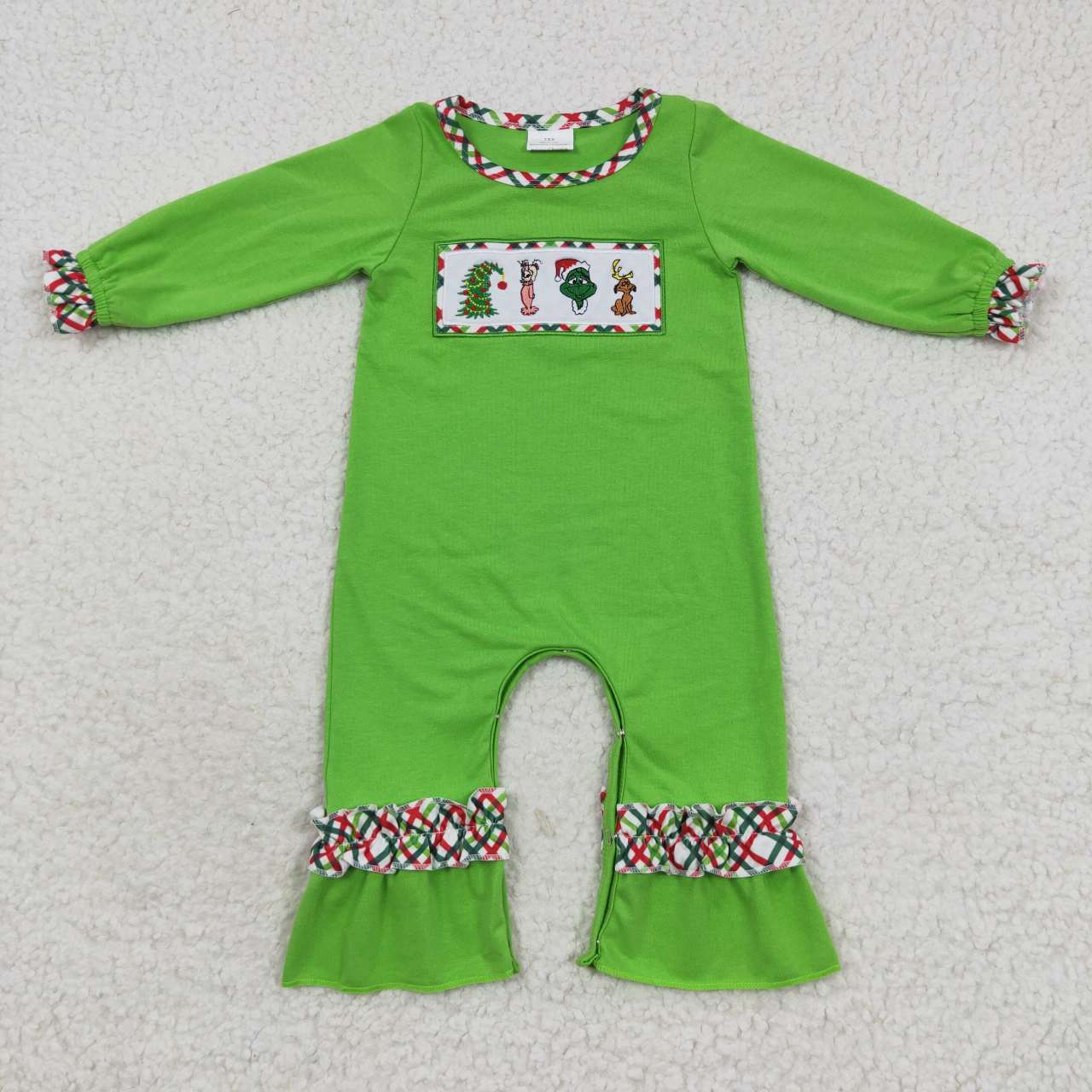 LR0324 Christmas Green Cartoon Embroidery Girls Long Sleeve Romper