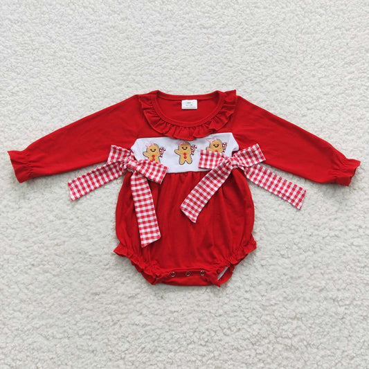 LR0393 Christmas Red Gingerbread Cartoon Embroidery Girls Long Sleeve Romper