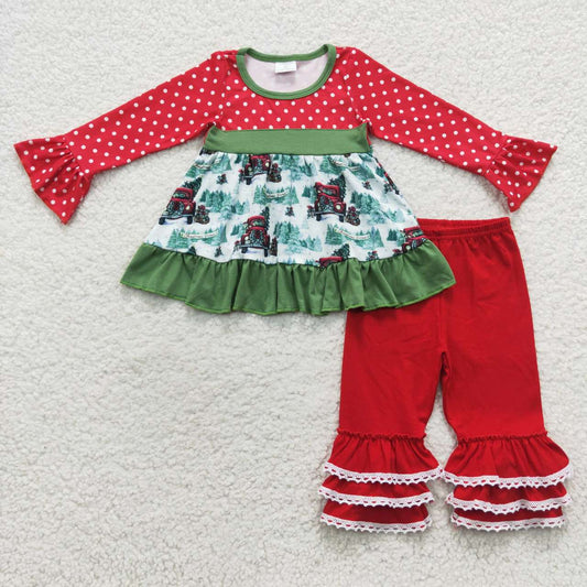 6 B5-16 Christmas Red Green Tree Tunic Ruffles Girls Long Sleeve Bell Bottom Pants Outfits