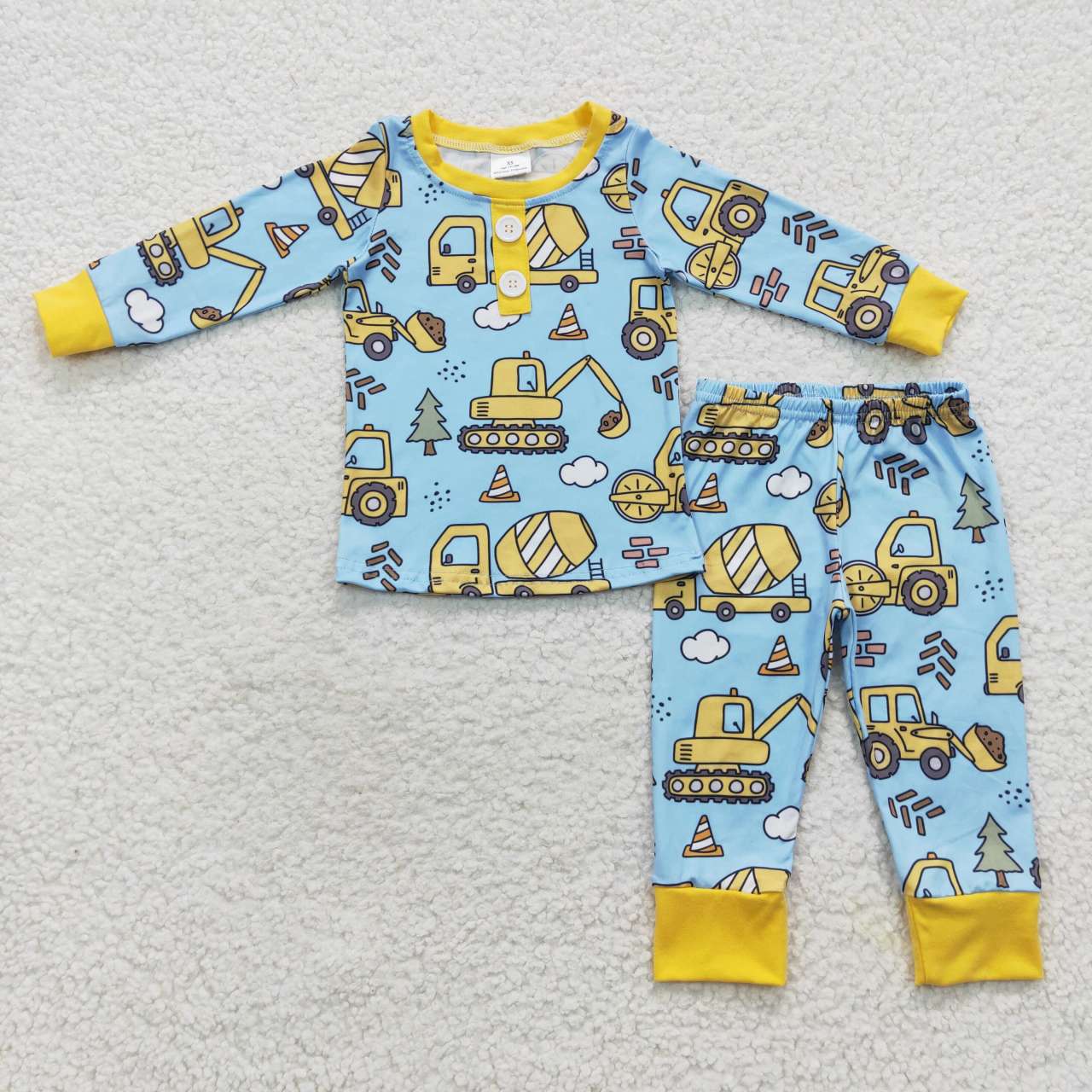 BLP0243 Yellow Blue Truck Boys Long Sleeve Pants Outfits Pajamas