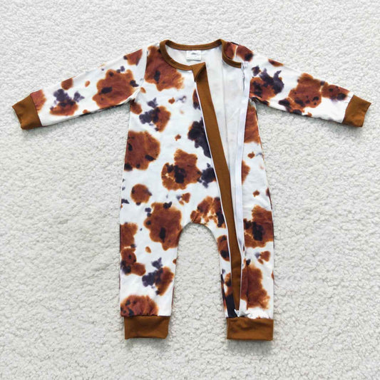 LR0437 Brown Cow Print Zipper Girls Long Sleeve Romper