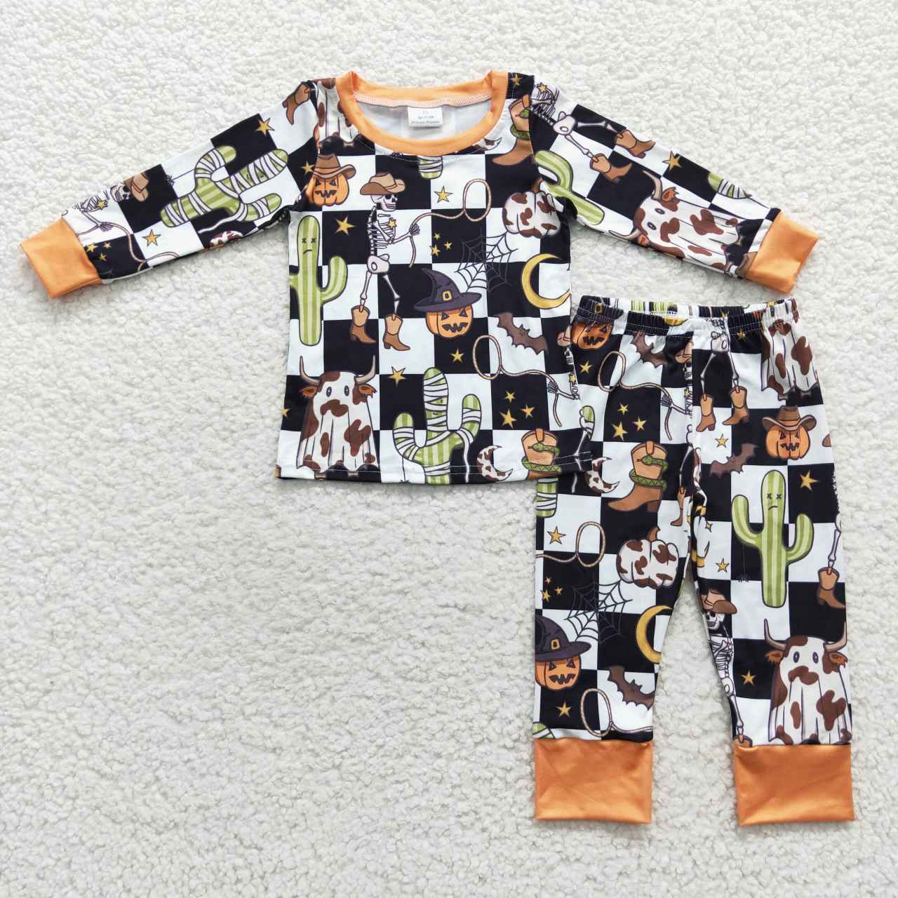 BLP0207 Halloween Ghost Black Plaid Pumpkin Cow Boys Long Sleeve Pants Outfits Pajamas