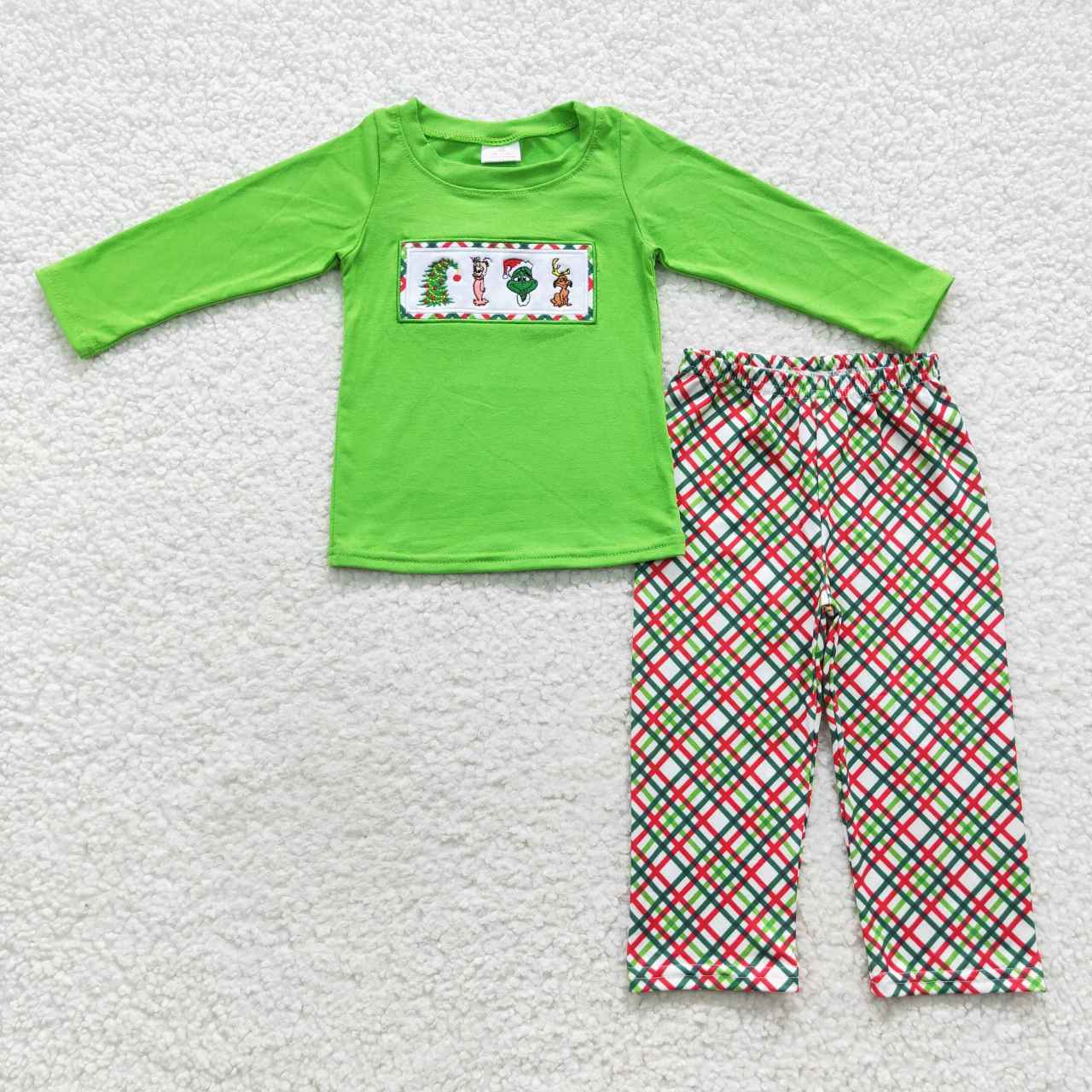 BLP0176 Christmas Green Cartoon Embroidery Boys Long Sleeve Pants Outfits