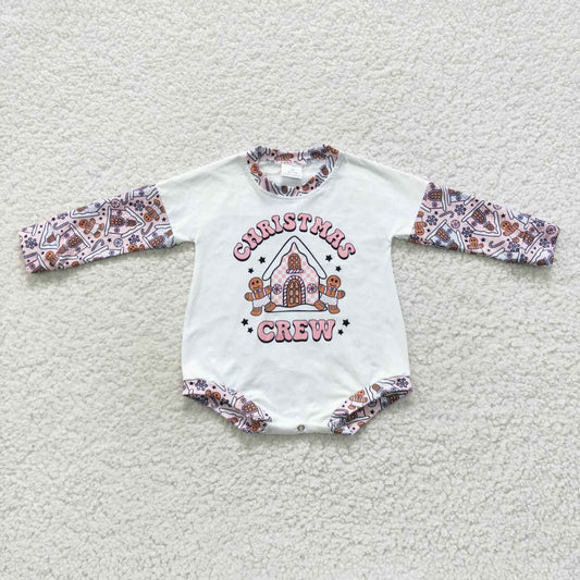 LR0423 Christmas  Crew Gingerbread Cartoon  Girls Long Sleeve Romper