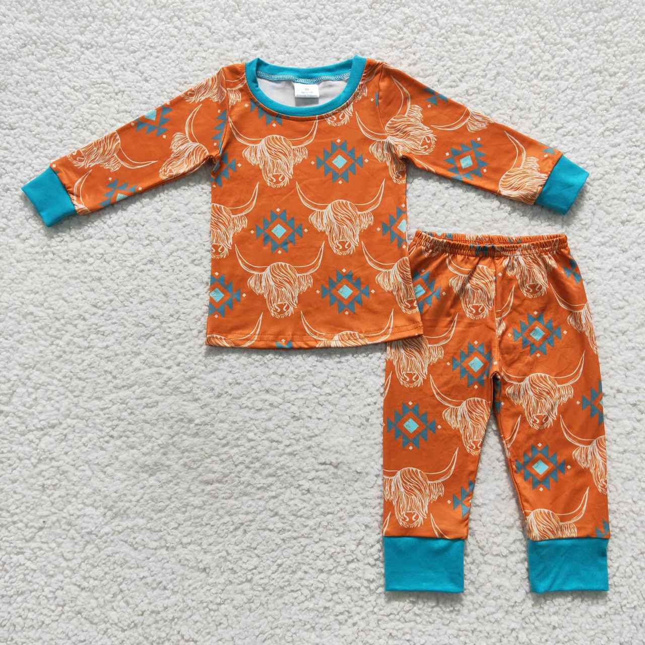 BLP0206 Green Orange Highland Cow Boys Long Sleeve Pants Outfits Pajamas