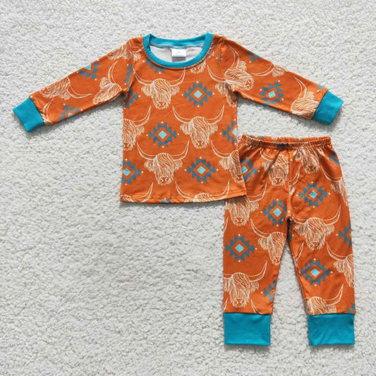 BLP0206 Green Orange Highland Cow Boys Long Sleeve Pants Outfits Pajamas