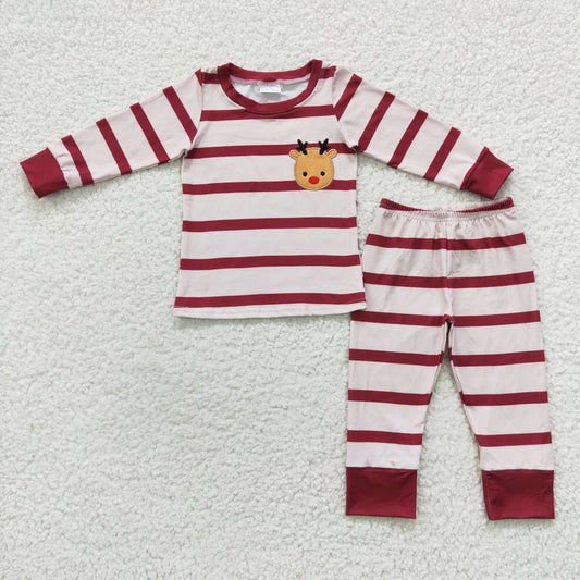 GLP0549 Christmas Red Deer Embroidery  Girls Long Sleeve Pants Outfits Pajamas