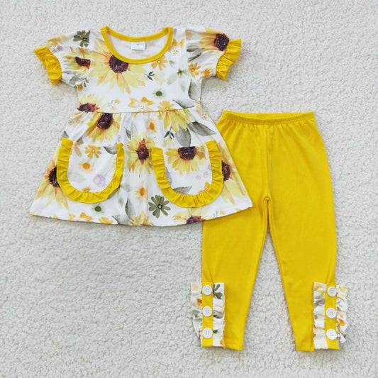 GSPO0755 Yellow Floral Sunflower Girls Short Sleeve Pants Outfits