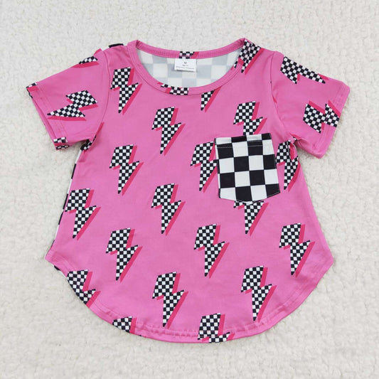 GT0227 Pink Plaid Girls Short Sleeve Top T-shirts