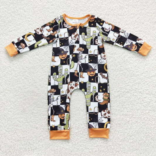 LR0404 Halloween Pumpkin Cactus Orange Zipper Girls Long Sleeve Romper