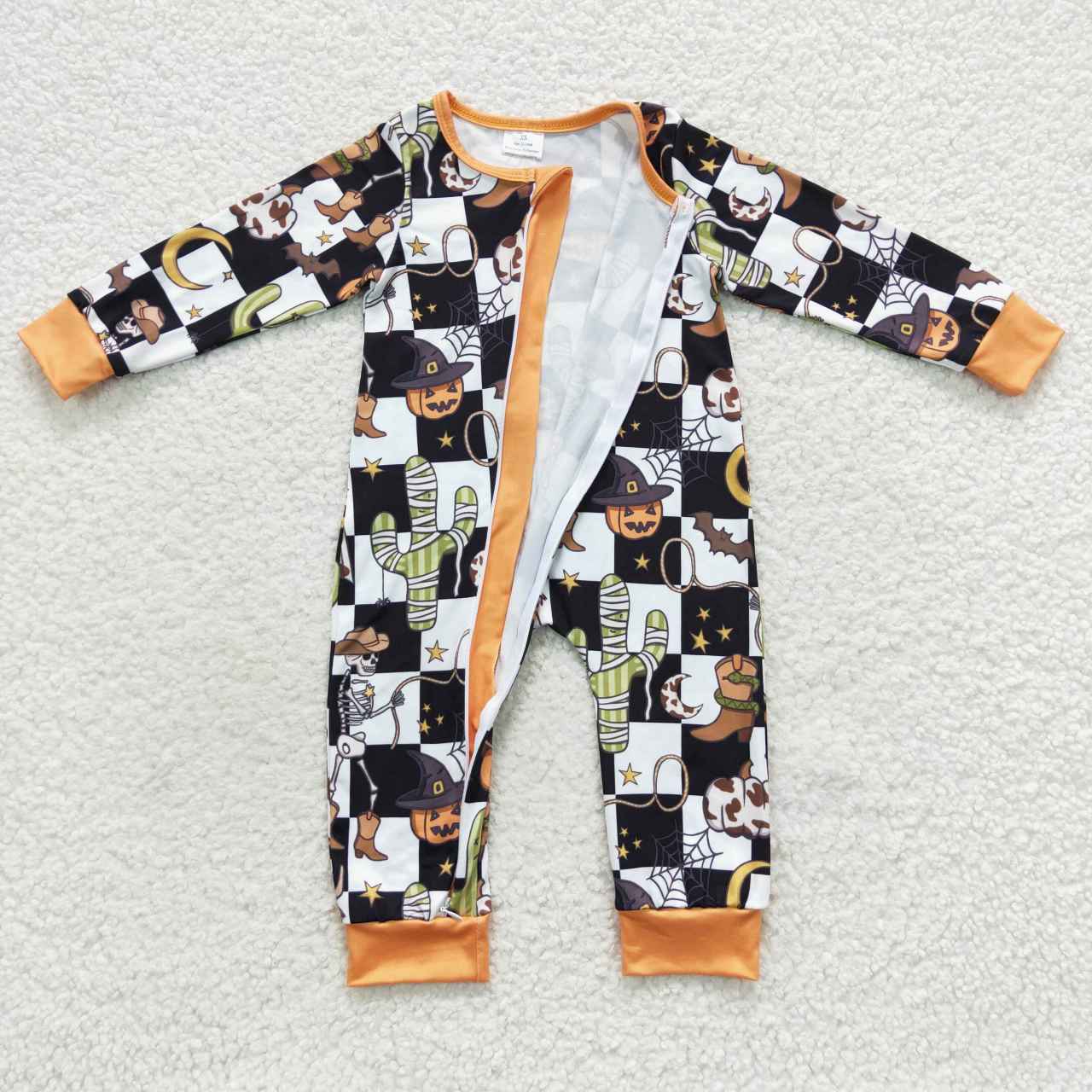 LR0404 Halloween Pumpkin Cactus Orange Zipper Girls Long Sleeve Romper