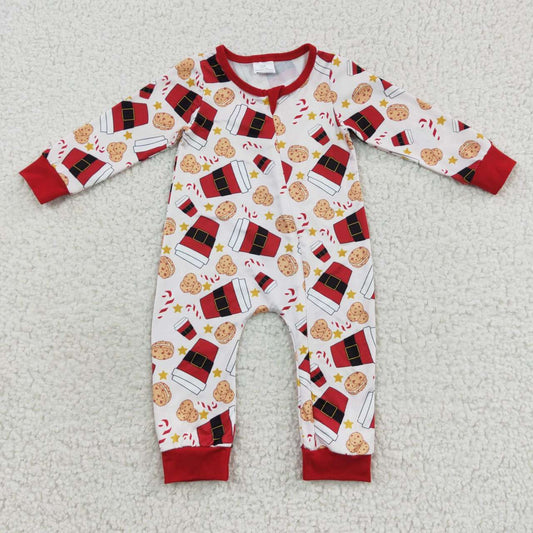 LR0491 Christmas Red Cookies Zipper Girls Long Sleeve Romper