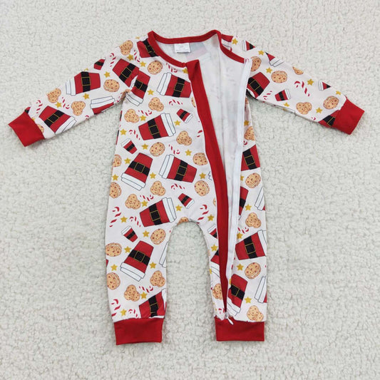 LR0491 Christmas Red Cookies Zipper Girls Long Sleeve Romper