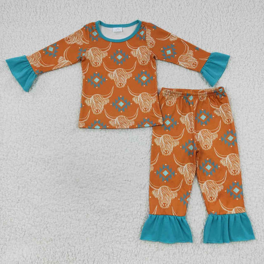 GLP0511 Green Orange Highland Cow Girls Long Sleeve Pants Outfits Pajamas