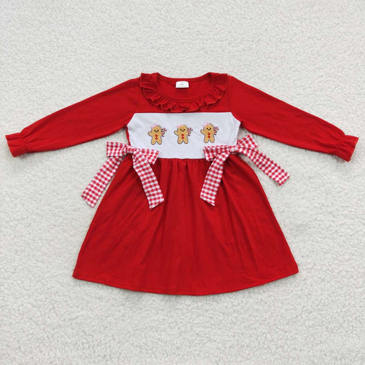 GLD0218 Christmas Red Gingerbread Embroidery Girls Long Sleeve Dresses