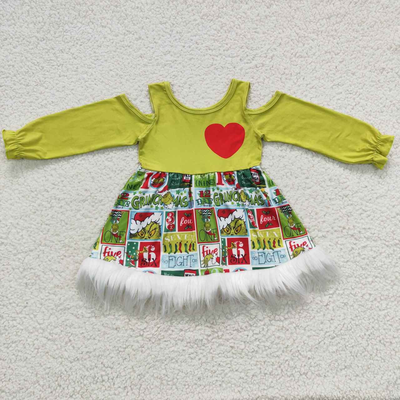 GLD0247 Christmas Red Green Cartoon Love Tutu Girls Long Sleeve Dresses