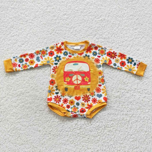 LR0399 Orange Floral Bus Girls Long Sleeve Romper