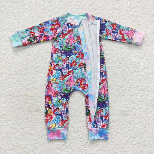 LR0488 Purple Mermaid Princess Cartoon Zipper Girls Long Sleeve Romper