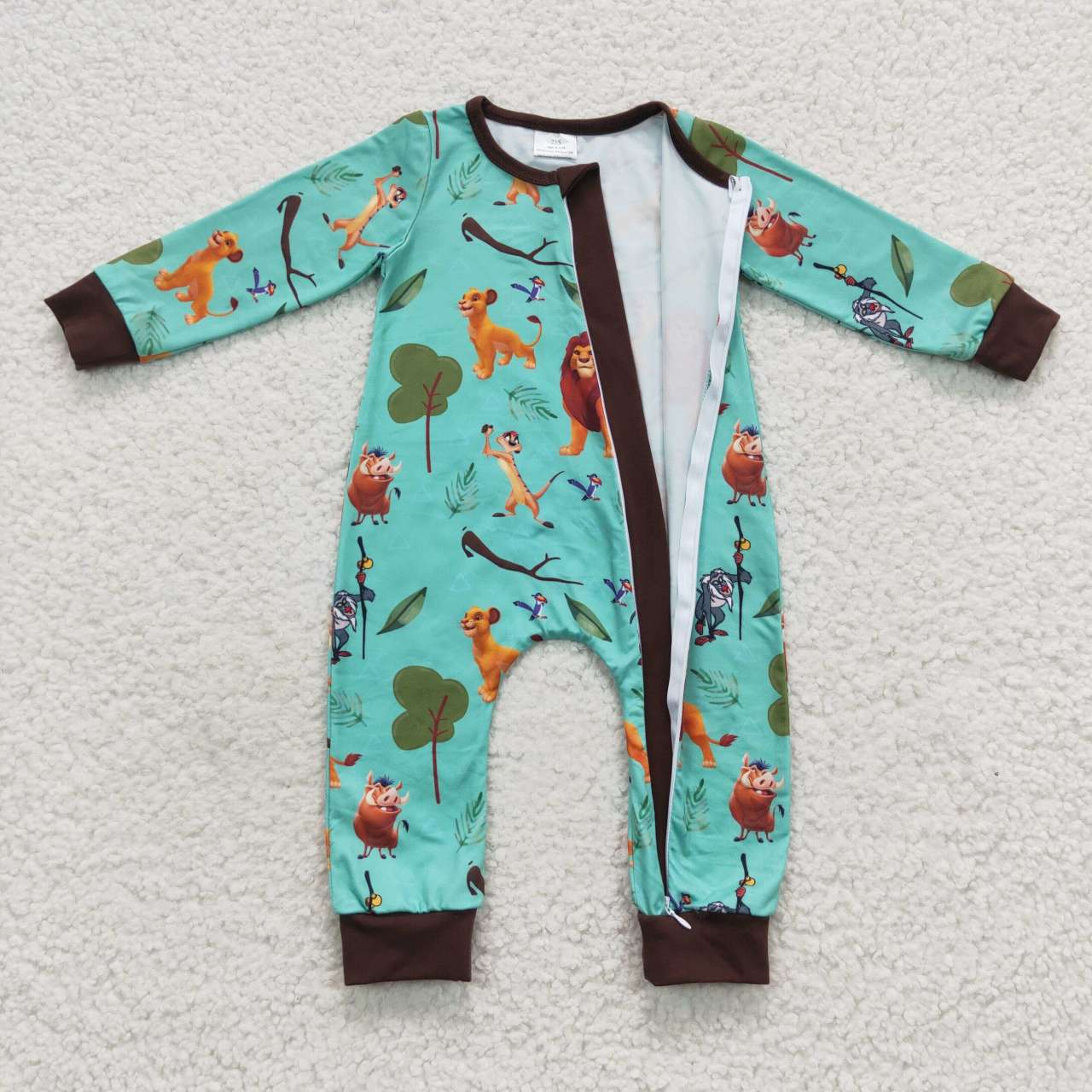 LR0486 Green Lion Cartoon Zipper Girls Long Sleeve Romper