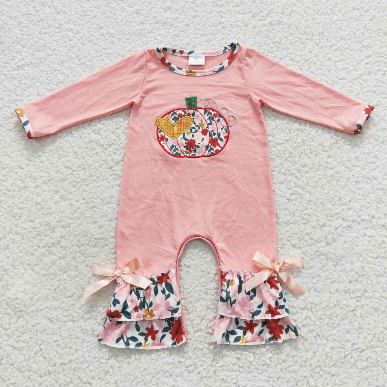 LR0278 Halloween Pumpkin Pink Embroidery Boys Long Sleeve Romper