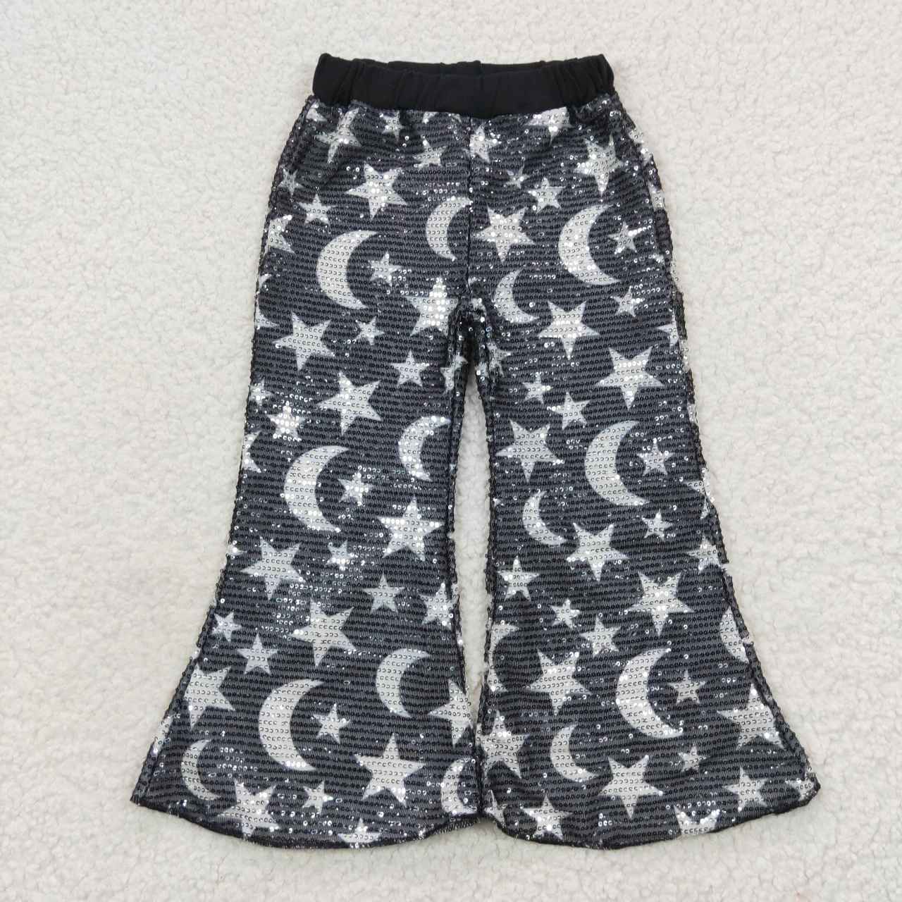 P0245 Black Star Moon Sequin Print Girls Long Pants