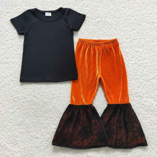 GSPO0772 Black Orange Velvet  Girls Short Sleeve Pants Outfits