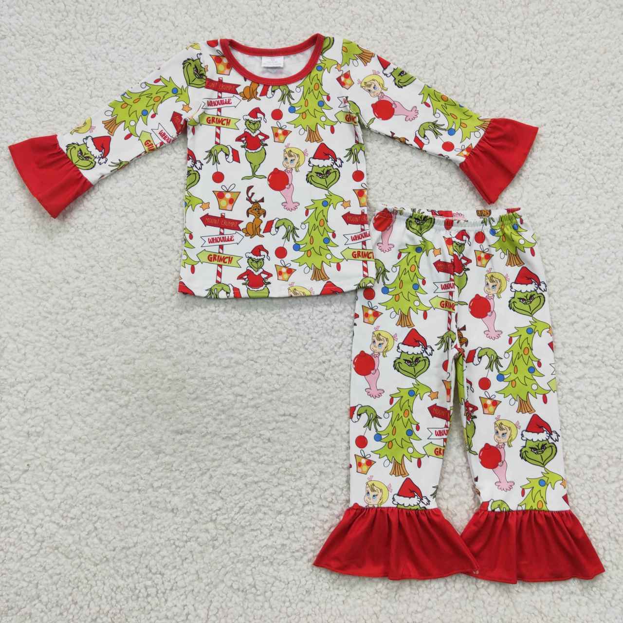 GLP0619 Christmas Green Red Cartoon Girls Long Sleeve Pants Outfits Pajamas