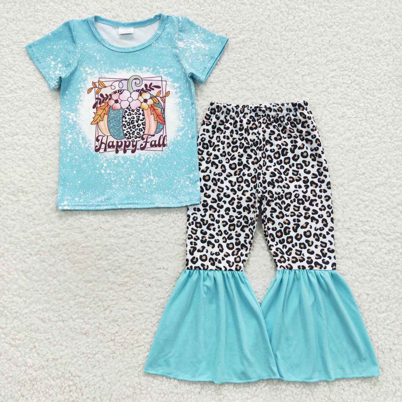 GSPO0708 Happy Fall Halloween Pumpkin Blue Leopard   Girls Short Sleeve Pants Outfits