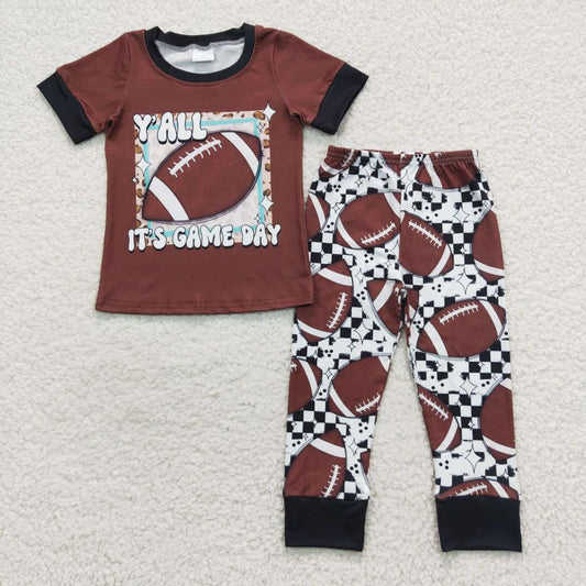 BSPO0059 Yall Game Day Softball Brown Boys Short Sleeve Pants Outfits Pajamas