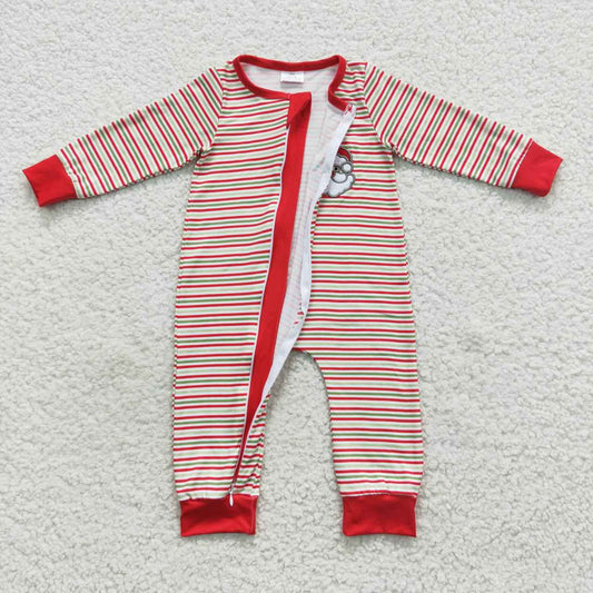 LR0442 Christmas Santa Red Embroidery Print Zipper Girls Long Sleeve Romper