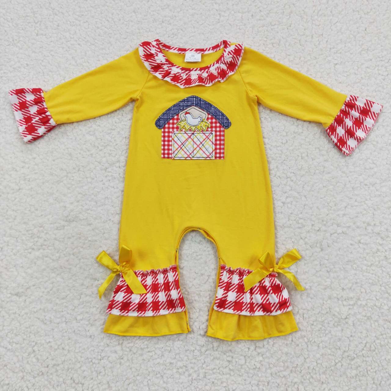 LR0383 Thanksgiving Chicken Red Yellow Embroidery Girls Long Sleeve Romper