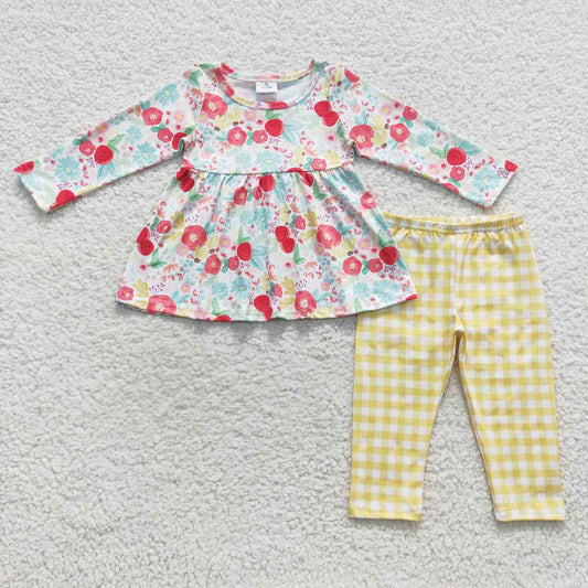 GLP0581 Pink Blue Floral Yellow Plaid Girls Long Sleeve Bell Bottom Pants Outfits