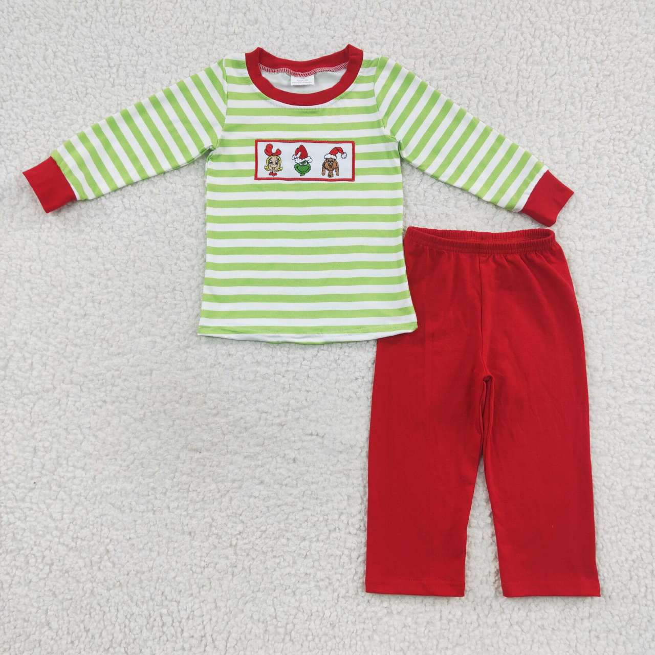 BLP0199 Christmas Red Green Cartoon Embroidery Boys Long Sleeve Pants Outfits